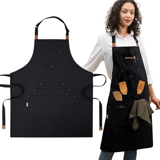 Cotton Canvas Apron for Women & Men – Adjustable Neck Strap & Waist Ties with Pockets