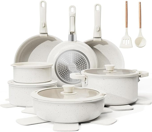 Bazova 22-Piece Pots and Pans Set Non Stick with Removable Handles, Ceramic Cookware Set, Large-Capacity & Non Toxic, Induction & RV Compatible, Dishwasher Safe, PFAS/PTFE/PFOA Free, White