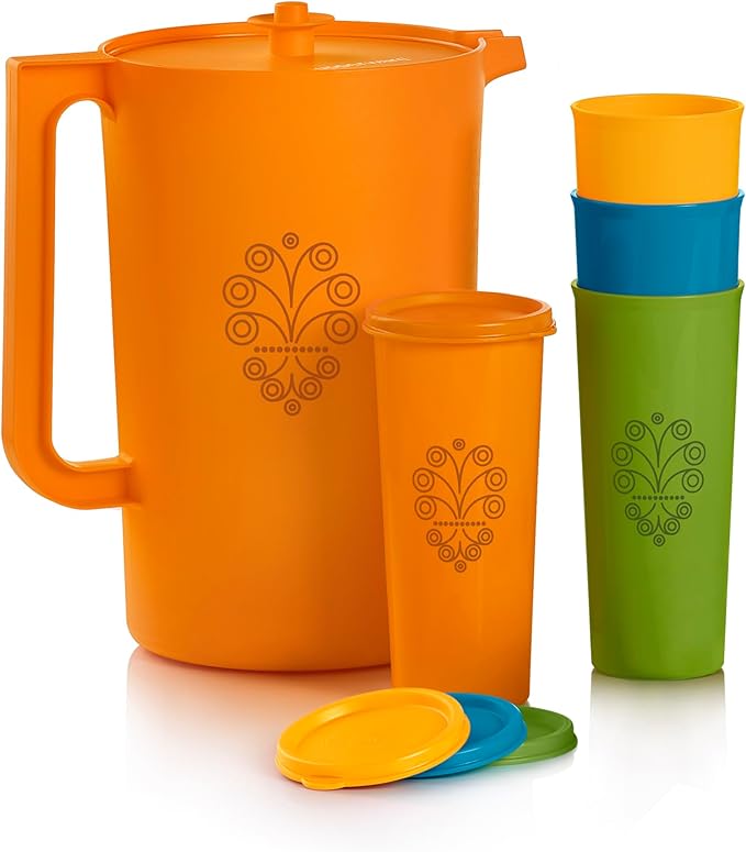 Tupperware Heritage Retro Collection, Pitcher and 4 Tumbler Set in Retro Colors, Dishwasher Safe and BPA Free