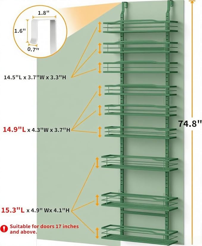 Moforoco Sage Green 9-Tier Over The Door Pantry Organizer, Pantry Organization and Storage, Black Hanging Basket Wall Spice Rack Seasoning Shelves - Image 2