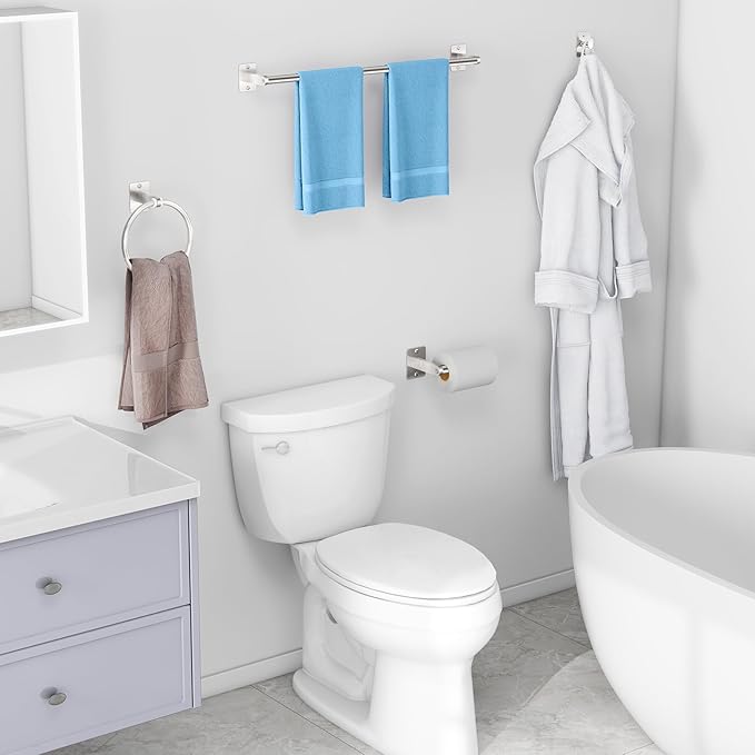 Brushed Nickel Bathroom Accessories Set, KLJKPA 4 Pieces Bathroom Hardware Set, 24 inch Towel Bar, Towel Racks for Bathroom, Robe Towel Hooks, Toilet Paper Holder Wall Mounted - Image 6