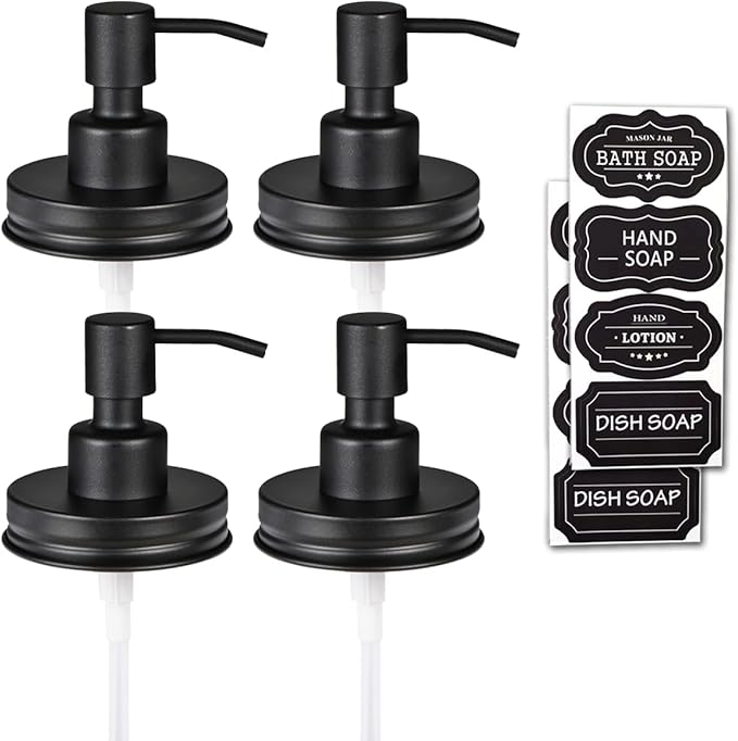 Amolliar Mason Jar Liquid Soap Dispenser Pump Lid, Stainless Steel Pump for 16oz Regular Mouth Jar, Rustic Farmhouse Decor, Kitchen Hand Soap, Dish Soap, Lotion Soap, Black 4 Pack, Extra 2 Long Tubes