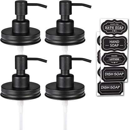 Amolliar Mason Jar Liquid Soap Dispenser Pump Lid, Stainless Steel Pump for 16oz Regular Mouth Jar, Rustic Farmhouse Decor, Kitchen Hand Soap, Dish Soap, Lotion Soap, Black 4 Pack, Extra 2 Long Tubes