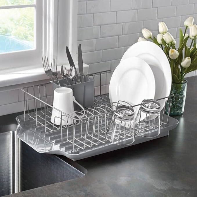 Farberware Classic 3-Piece Dish Drying Rack Set for Kitchen Counter, Gray - Rust-Resistant Wires, Self-Draining Board, Flatware Caddy, Non-Slip Feet - Image 4