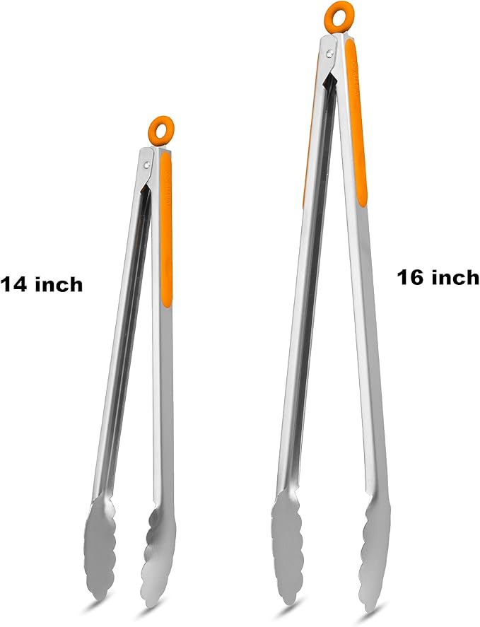 304 Stainless Steel Kitchen Cooking Tongs, 14" and 16" Set of 2 Sturdy Grilling Barbeque Brushed Locking Food Tongs with Ergonomic Grip, Orange - Image 4