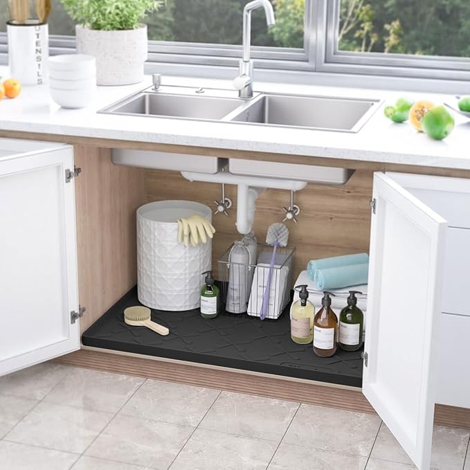 SIKADEER Waterproof Under Sink Mat 22x19, Raised Edge Silicone Mat Under Sink Shelf Liner, Sink Protector Kitchen Cabinet Tray for Bathroom Vanity and Small Cabinets, Cat Food Mat - Image 2