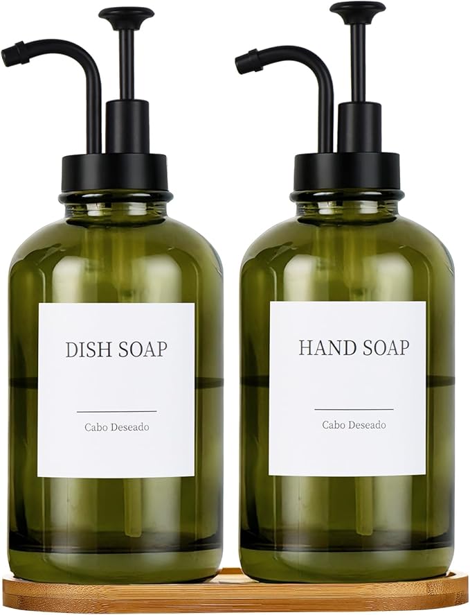 Glass Soap Dispenser with Pump, Dish and Hand Soap Dispenser for Kitchen Bathroom Set, Clear Glass Dispenser Set of 2 Pack with 18 Stickers Funnel Bamboo Tray 500ml 18oz Green by CaboDeseado