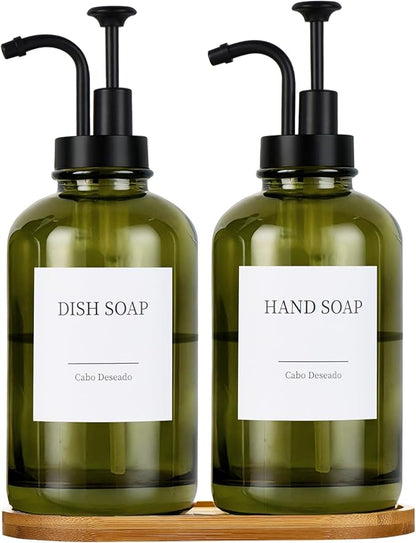 Glass Soap Dispenser with Pump, Dish and Hand Soap Dispenser for Kitchen Bathroom Set, Clear Glass Dispenser Set of 2 Pack with 18 Stickers Funnel Bamboo Tray 500ml 18oz Green by CaboDeseado