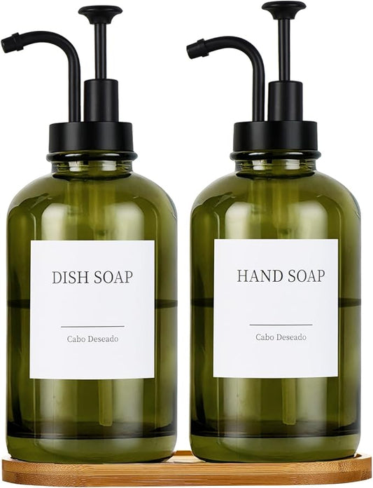 Glass Soap Dispenser with Pump, Dish and Hand Soap Dispenser for Kitchen Bathroom Set, Clear Glass Dispenser Set of 2 Pack with 18 Stickers Funnel Bamboo Tray 500ml 18oz Green by CaboDeseado