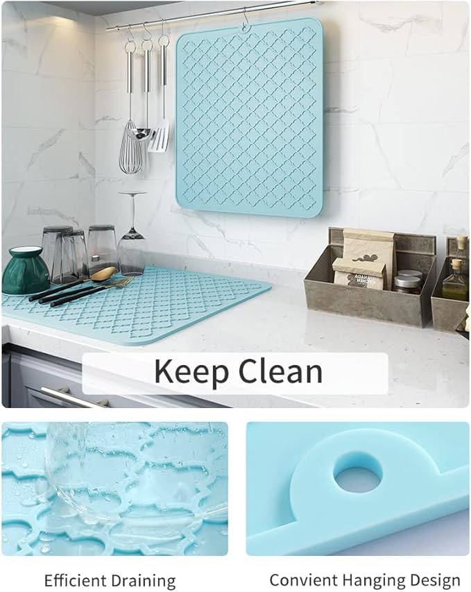 AMOAMI-Dish Drying Mats for Kitchen Counter-Silicone Dish Drying Mat-Kitchen Dish Drying Pad Heat Resistant Mat-Kitchen Gadgets Kitchen Accessories Kitchen Small Appliances(16" x 18",LIGHT BLUE) - Image 2