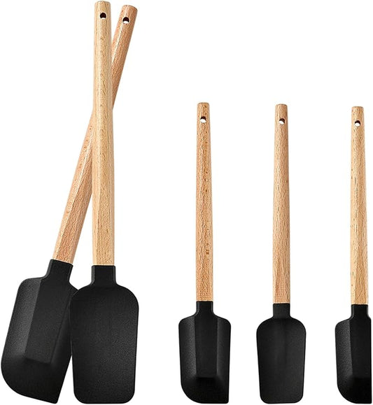 Silicone Spatula Set 5PCS Non-Stick,Ergonomic Wooden Handle, 600°F Heat Resistant - Food Grade Tools for Baking, Mixing, Frosting,Kitchen Cooking