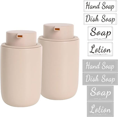 BosilunLife Foaming Soap Dispenser Set - Khaki Ceramic Foam Hand Dispenser 12oz Soap Dispenser Set with Rust Proof Pump, 4Pcs Clear Stickers for Kitchen, Bathroom - 2 Pack
