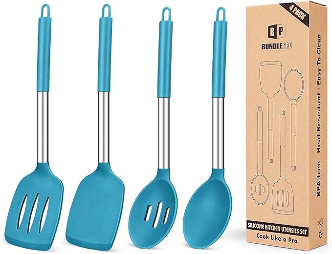 Pack of 4 Silicone Cooking Utensils Set, Non Stick Large Solid Spatulas, Heat Resistant Blue Slotted Spoons, Ideal BPA Free Kitchen Turners for Frying, Mixing,Serving,Draining,Turning,Stirring by BUNDLEPRO