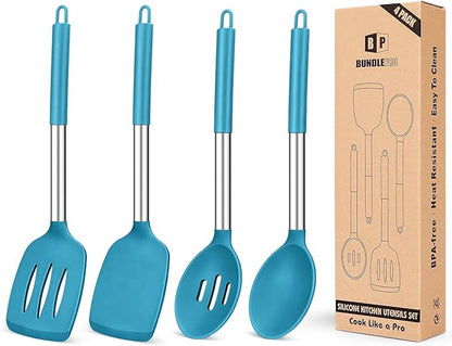 Pack of 4 Silicone Cooking Utensils Set, Non Stick Large Solid Spatulas, Heat Resistant Blue Slotted Spoons, Ideal BPA Free Kitchen Turners for Frying, Mixing,Serving,Draining,Turning,Stirring by BUNDLEPRO