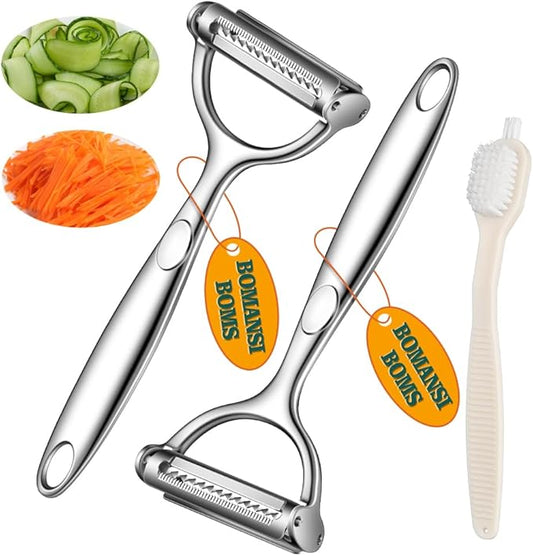 2 in 1 Ultra Sharp Julienne Peeler Vegetable Peeler for Kitchen with Clean Brush, Potato Peeler Y Peelers for Potatoes, Carrots, Fruits, Veggie, 2 Pack