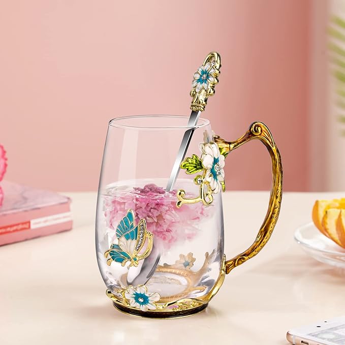 OEAGO Birthday Gifts for Women Mom Glass Coffee Enamels Mug Best Mothers Day Butterfly Gifts for Her from Daughter Son Lead-Free Christmas Tea Cup with Spoon Sets - Image 3