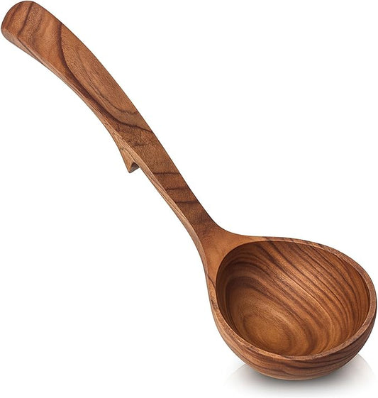 HANSGO Wooden Ladle for Cooking, Wooden Soup Spoons, Natural Teak Wood Serving Spoon, 9'' Long Handle Scooper for Stirring Gravy Sauce Porridge, House Warming Gifts New Home
