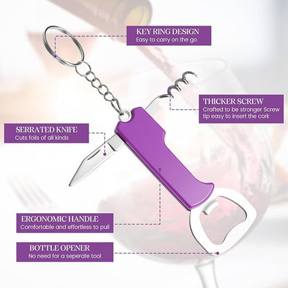 Ziliny 24 Pcs Bottle Opener Keychain Bulk Wine Bottle Beer Opener Keychain 3.27" Stainless Steel Corkscrew Waiter Corkscrew Wine Keyring Gifts for Christmas Bar Party Wedding Home (Purple)