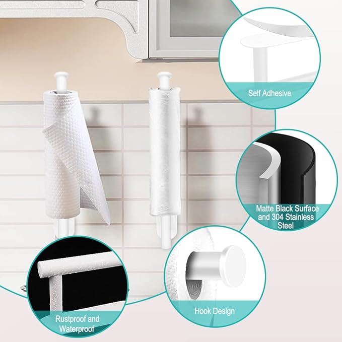 MGahyi Paper Towel Holder Wall Mount, Self Adhesive Or Drilling Paper Towel Holder Under Cabinet, 13.2 inch Stainless Steel Kitchen Paper Towel Roll Rack, Bathroom Towel Roll Hanger(Rectangle-White) - Image 3