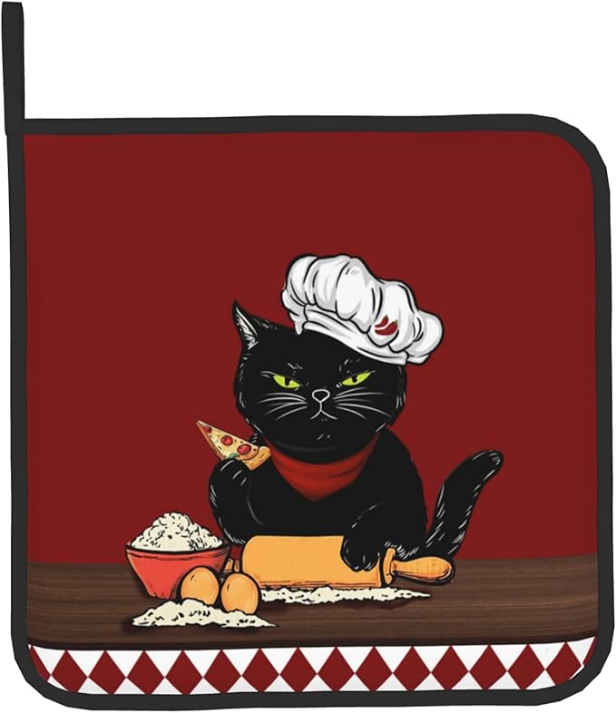 Cat Pot Holders and Oven Mitts - Red Cooking Gloves Hot Pads for Kitchen Fun Chef Gifts for Cooking Lover Cooks - Image 9