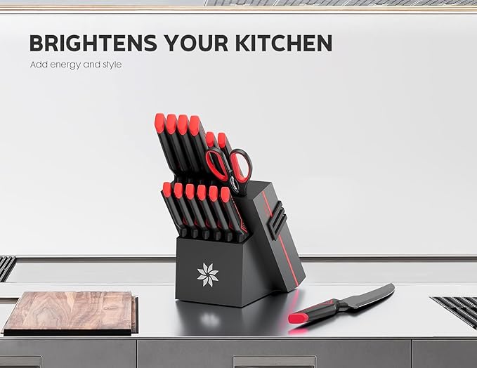 Knife Set - 15 PCS Kitchen Knife Set with Built-in Knife Sharpener Block - Stainless Steel Knife Block Set - Dishwasher Safe, Elegant Box for Men Women, Mothers Day, Red - Image 4