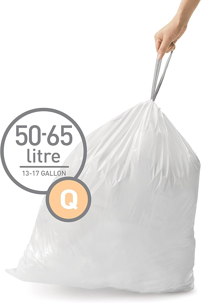 simplehuman Code Q 60 Count Custom Fit Liners, Drawstring Kitchen Trash Bags, One-by-One Mess-Free Dispense, Extra Thick & Double Seamed, 50% PCR Plastic, 50-65 Liter / 13-17 Gallon, White