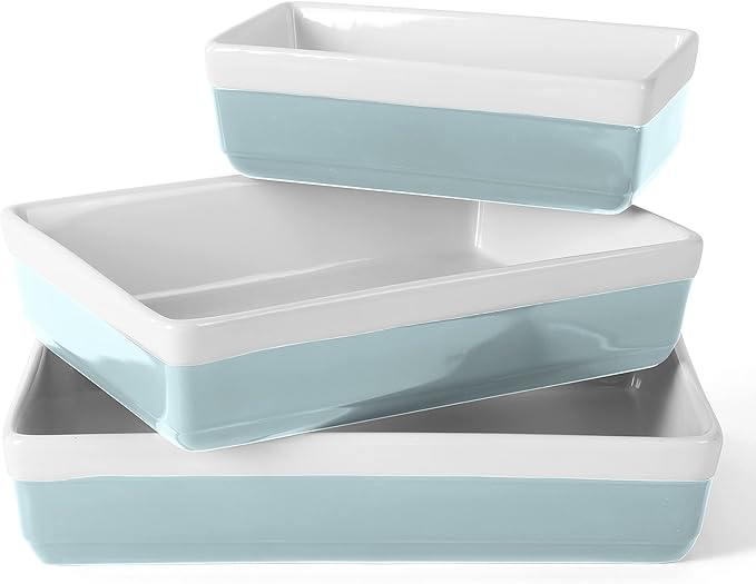 MARTHA STEWART 3-Piece Oven to Table Stoneware Bakeware Set – Baking Dish & Casserole Set – Dusty Blue – Durable Oven-Safe Bakeware for Baking and Serving by MarthaStewart