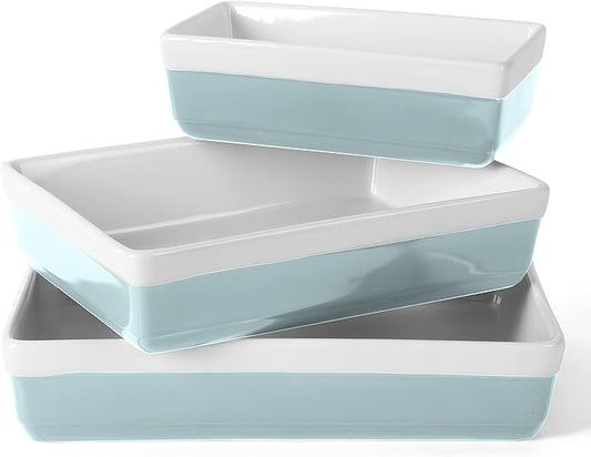 MARTHA STEWART 3-Piece Oven to Table Stoneware Bakeware Set – Baking Dish & Casserole Set – Dusty Blue – Durable Oven-Safe Bakeware for Baking and Serving by MarthaStewart