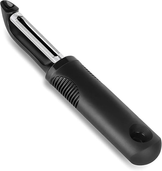 Swivel Vegetable Peeler with Non-Slip Ergonomic Handle, Rust-Proof Steel Blades, Built-in Potato Eye Remover, Plastic Blade Guard, Kitchen Peeler for Potato, Carrot, Apple, Veggie, Fruit, Black by ANMIOUHOME