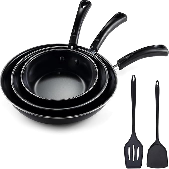 hunnycook Nonstick Frying Pan Set - Iron Frying Pan 3-Piece Set (8", 10", 12") + 2 Silicone Spatulas, With Premium Nonstick Coating, Up to 450°F, Skillet Suitable for Induction, Gas & More by Dedicatedtoenhancingyourdiningexperience