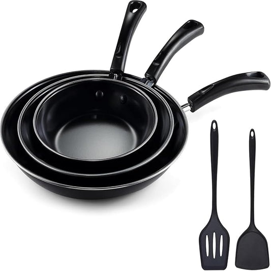 hunnycook Nonstick Frying Pan Set - Iron Frying Pan 3-Piece Set (8", 10", 12") + 2 Silicone Spatulas, With Premium Nonstick Coating, Up to 450°F, Skillet Suitable for Induction, Gas & More by Dedicatedtoenhancingyourdiningexperience