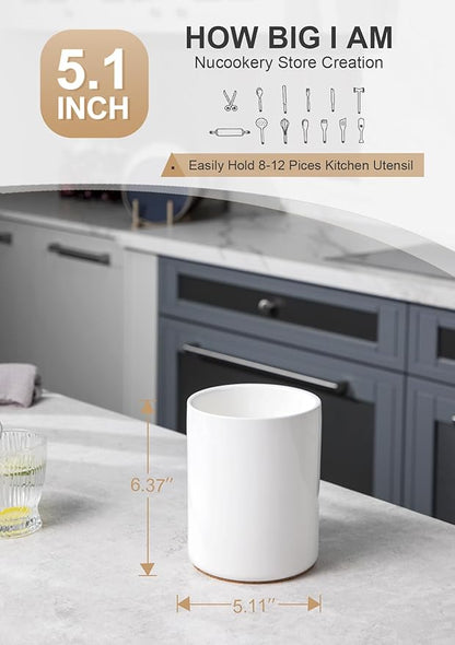 Nucookery Utensil Holder, 6.4" Ceramic Kitchen Utensil Holder with Countertop-Protection Cork Bottom, Farmhouse Kitchen Decor for Counter, Gift (White) - Image 4