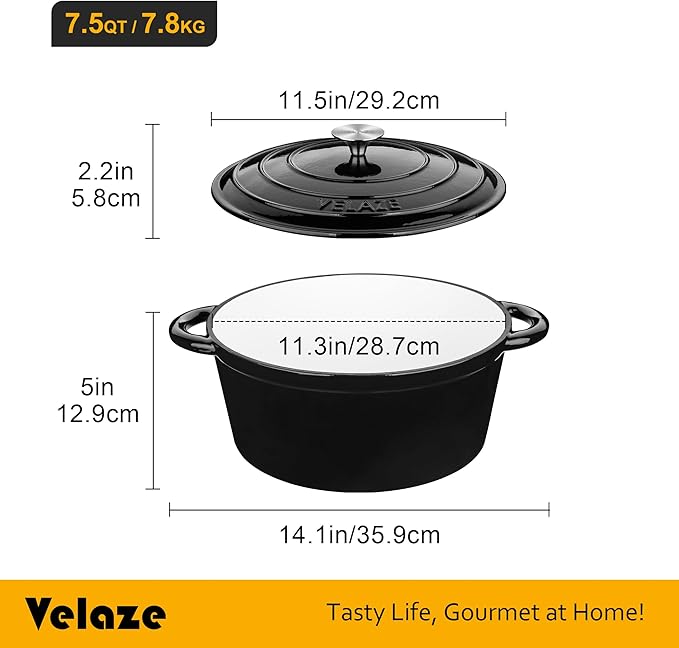 Velaze 7.5 QT Dutch Oven Pot with Lid, Enameled Cast Iron Dutch Oven with Dual Handles for Sourdough Bread Baking, Cooking, Non-stick Enamel Coated Cookware (Black) - Image 7