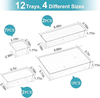 Manalete Drawer Organizers Set of 12, 4 Sizes Clear Plastic Drawer Organizers and Storage Bins for Kitchen, Bathroom, Office, Dresser Desk Drawer Organizer Tray for Jewelry, Makeup, Junk, Gadgets - Image 2