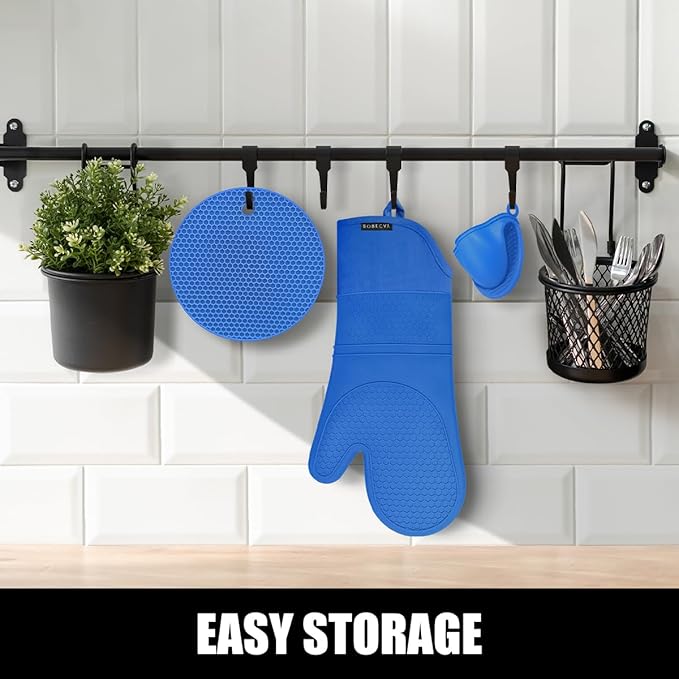 Rorecay 6pcs Oven Mitts and Pot Holders Sets for Kitchen, Extra Long Non-Slip Silicone Oven Gloves Heat Resistant 500 Degrees Potholders Hot Pads for Baking Cooking, Quilted Liner, Lake Blue - Image 9
