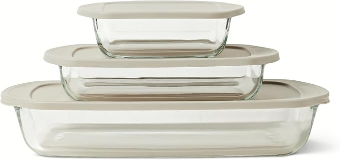 Amazon Basics Glass Baking Dishes with BPA-Free Lids, 6-Piece Bakeware Set, Borosilicate Glass, Oven-Safe up to 752°F, Non-Slip and Stackable, Dishwasher-Safe, Linen Gray by AmazonBasics