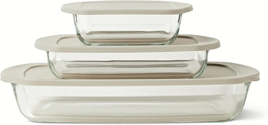Amazon Basics Glass Baking Dishes with BPA-Free Lids, 6-Piece Bakeware Set, Borosilicate Glass, Oven-Safe up to 752°F, Non-Slip and Stackable, Dishwasher-Safe, Linen Gray by AmazonBasics