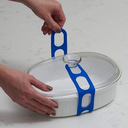 Lid Latch the reusable universal lid securing strap for crockpots, casserole dishes, pots, pans and more. Make it easy to transport your favorite dishes with one simple strap. (Polybag Blue/Grey)