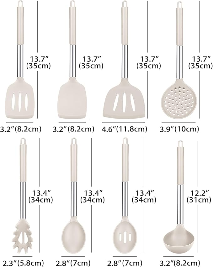 Silicone Cooking Utensil Set, 8Pcs Non-stick Cookwares with Stainless Steel Handle, BPA Free Heat Resistant Kitchen Tools with Spatulas, Turners, Spoons, Skimmer and Pasta Fork (KHAKI) - Image 2