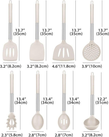 Silicone Cooking Utensil Set, 8Pcs Non-stick Cookwares with Stainless Steel Handle, BPA Free Heat Resistant Kitchen Tools with Spatulas, Turners, Spoons, Skimmer and Pasta Fork (KHAKI) - Image 2