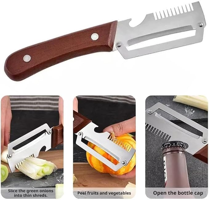 2PCS 3-in-1 Multifunctional Vegetable Peeler, Multifunctional Stainless Steel Peeler, Zero Snag Wooden Peeler, with Bottle Opener & Green Onion Comb Teeth, Kitchen Peeling Tool ﻿ - Image 6