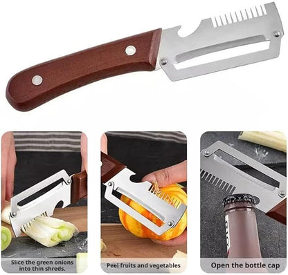 2PCS 3-in-1 Multifunctional Vegetable Peeler, Multifunctional Stainless Steel Peeler, Zero Snag Wooden Peeler, with Bottle Opener & Green Onion Comb Teeth, Kitchen Peeling Tool ﻿ - Image 6