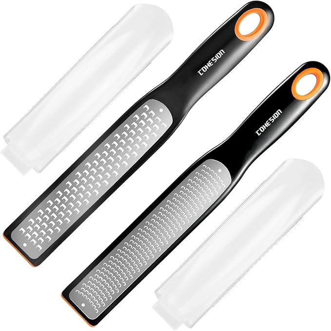 Cohesion Etched Zester & Grater Set of 2 - Kitchen Zester Tool for Lemon, Cheese, Garlic, Ginger, Nutmeg, Chocolate, Fruits, Vegetables - Sharp Premium Stainless Steel Blade with Protective Cover by Cohesion