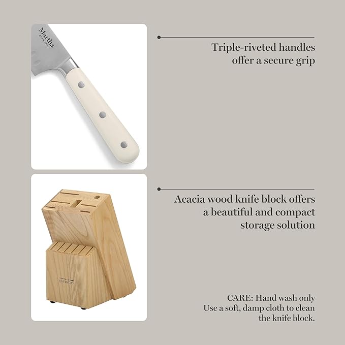 MARTHA STEWART Eastwalk 14 Piece High Carbon Stainless Steel Cutlery Kitchen Knife Block Set w/ABS Triple Riveted Forged Handle Acacia Wood Block - Linen White - Image 5