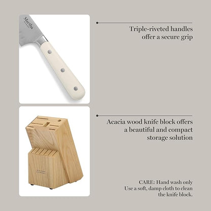 MARTHA STEWART Eastwalk 14 Piece High Carbon Stainless Steel Cutlery Kitchen Knife Block Set w/ABS Triple Riveted Forged Handle Acacia Wood Block - Linen White - Image 5
