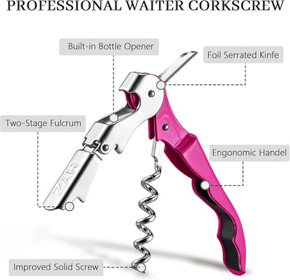 HYZ 2-Pack Wine Opener Waiter Corkscrew, Professional Wine Key for Servers, Bartender with Foil Cutter, Manual Wine Bottle Opener Double Hinged (Fuchsia) - Image 2
