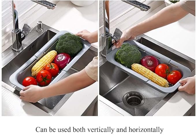Expandable Over Sink Strainer for Kitchen Sink, Adjustable Sink Colander Basket, Kitchen Sink Strainer for Washing Fruits, Vegetables, Dishes & Utensils, Space Saving Drain Basket, Gray