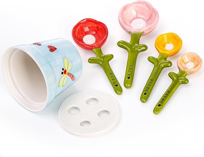 Coloch 5Pcs Ceramic Measuring Spoons and Cup, Flower Baking Scale Spoons with Base Set for Dry and Liquid Ingredient, 1/4 tsp, 1/2 tsp, 1 tsp, 1 Tbsp - Image 3