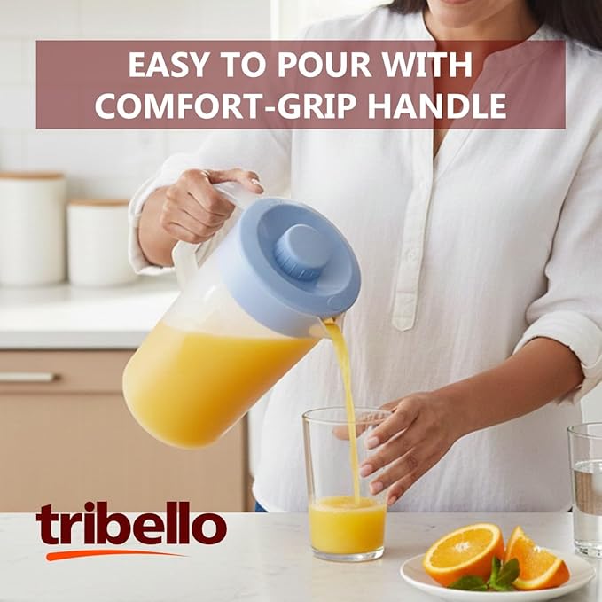 Tribello Pitcher with Lid Half Gallon, Clear Round Plastic Water Pitcher with 3-Way Lid, Ideal for Lemonade, Ice Tea, and Drinks, Freezer/Dishwasher Safe, and BPA Free (0.5 Gallon/2 Liters) - Image 2