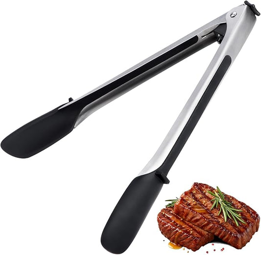Stainless Steel Heat Resistant Kitchen Tongs for Cooking, Set of 2 11.57" BBQ Tong, Non Scratch Silicone Tip for Pans, Strong Grip, Grab Food, Toss Salad, Air Fryer, Grilling and Outdoor Cooking